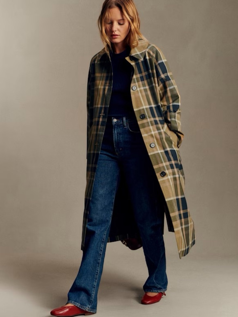 NWT Clyde Trench Coat in Beige and Moss Green Checks Size 4/36